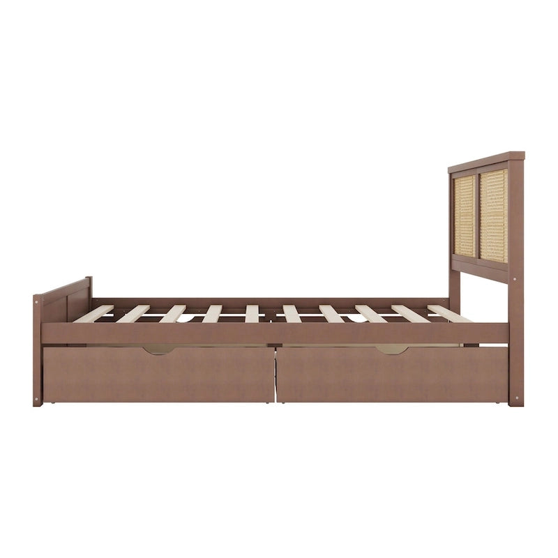 Wood Storage Platform Bed with 4 Drawers & Rattan Headboard