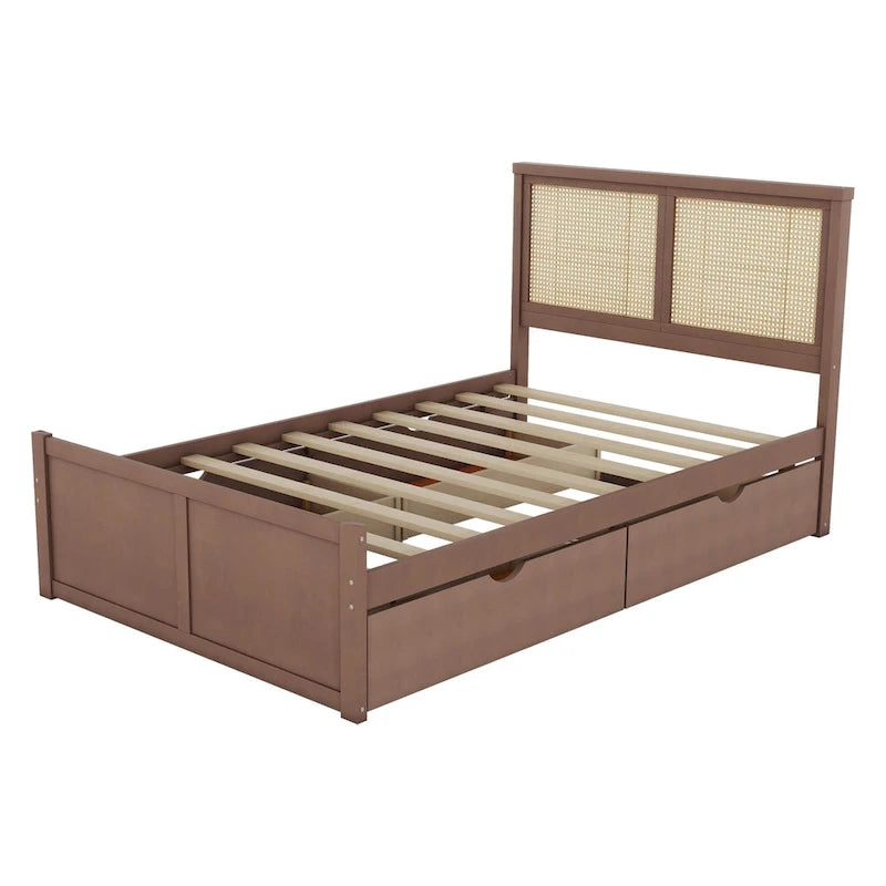 Wood Storage Platform Bed with 4 Drawers & Rattan Headboard