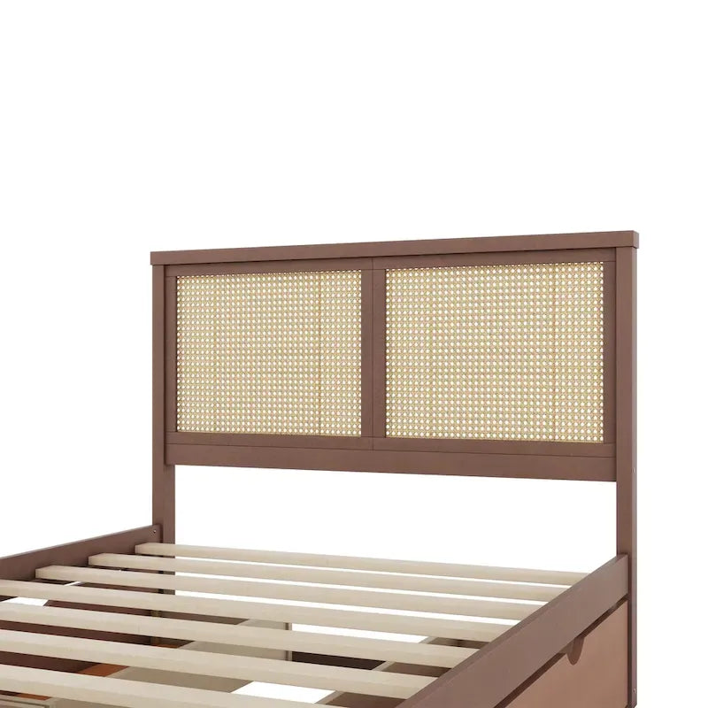 Wood Storage Platform Bed with 4 Drawers & Rattan Headboard