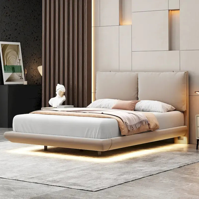 Velvet Floating Platform Bed with Sensor Light