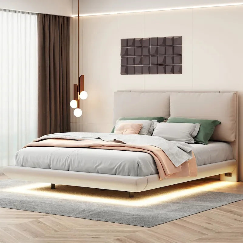Velvet Floating Platform Bed with Sensor Light