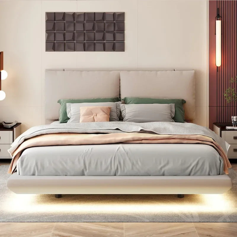 Velvet Floating Platform Bed with Sensor Light