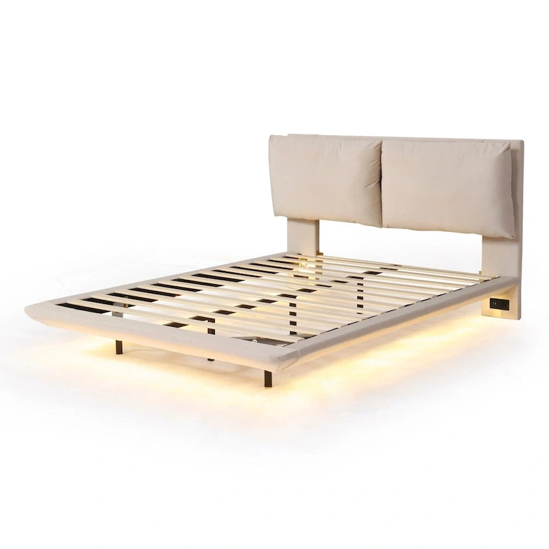 Velvet Floating Platform Bed with Sensor Light