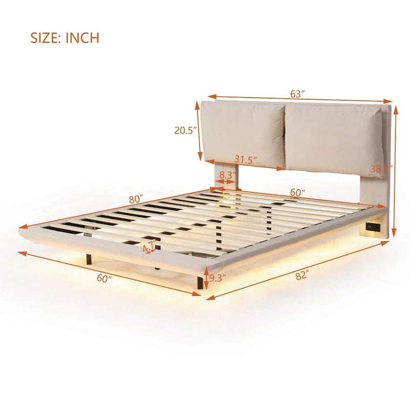 Velvet Floating Platform Bed with Sensor Light