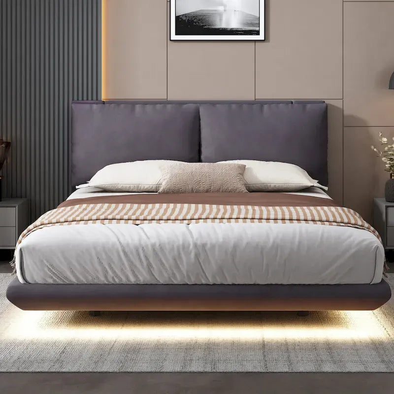 Velvet Floating Platform Bed with Sensor Light