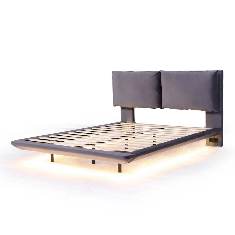 Velvet Floating Platform Bed with Sensor Light
