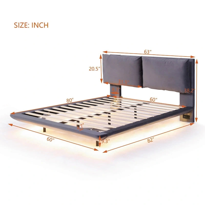 Velvet Floating Platform Bed with Sensor Light