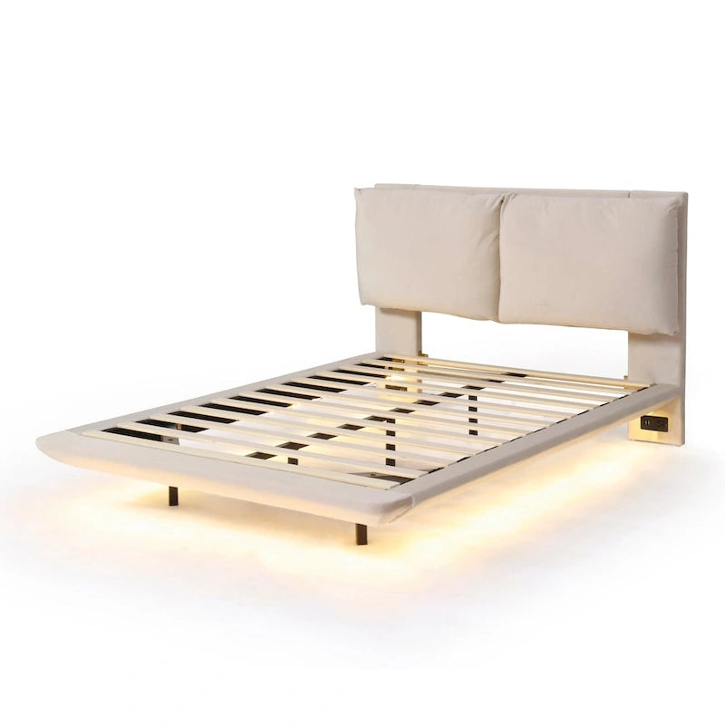 Velvet Floating Platform Bed with Sensor Light