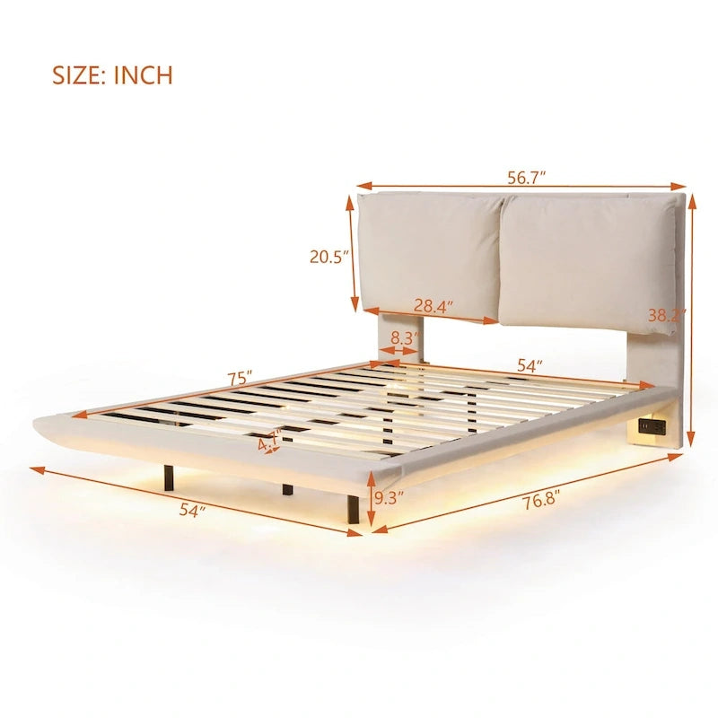 Velvet Floating Platform Bed with Sensor Light