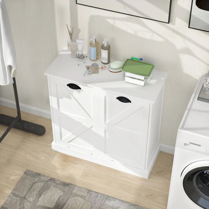Modern Laundry Sorter Cabinet with Two Compartments and Removable Cloth Bags