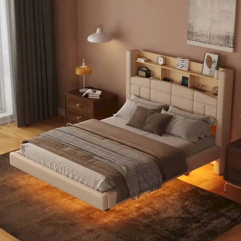 Upholstered Floating Bed with LED and Storage Headboard