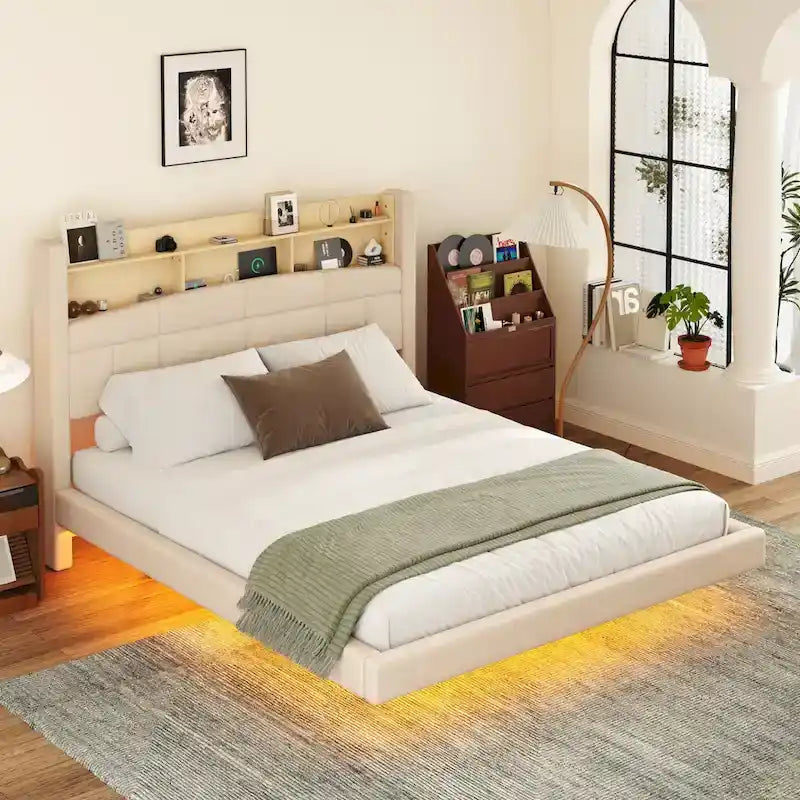 Upholstered Floating Bed with LED and Storage Headboard