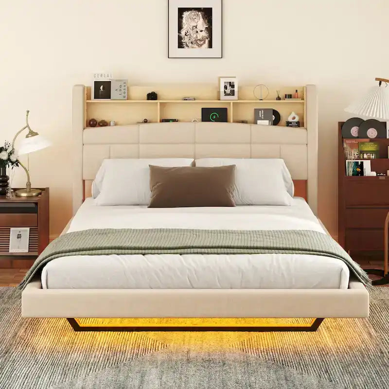 Upholstered Floating Bed with LED and Storage Headboard