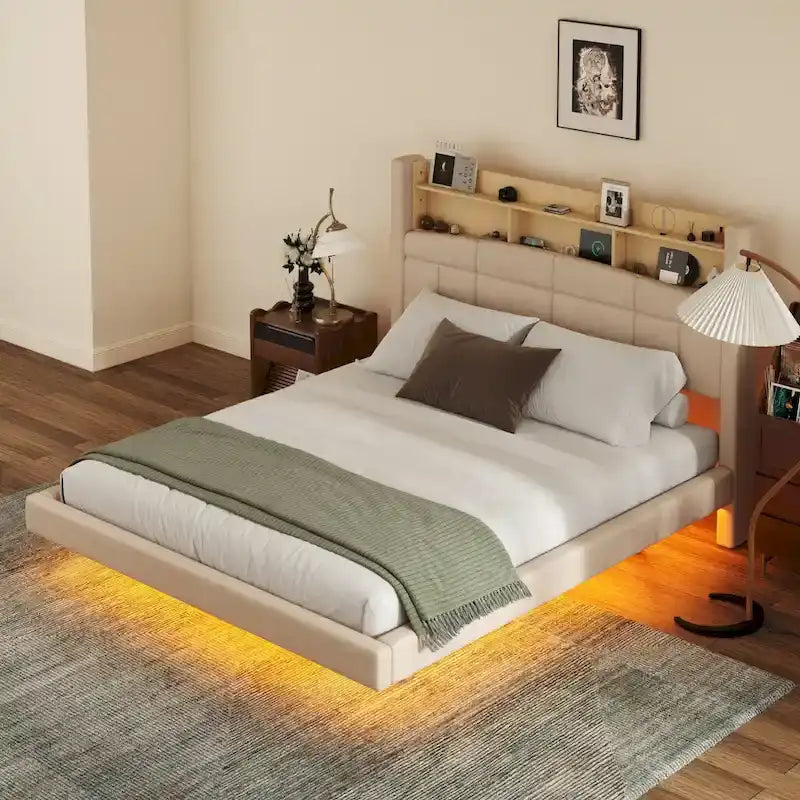 Upholstered Floating Bed with LED and Storage Headboard