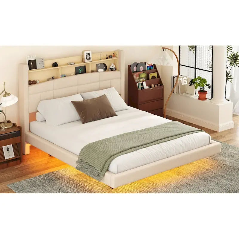 Upholstered Floating Bed with LED and Storage Headboard