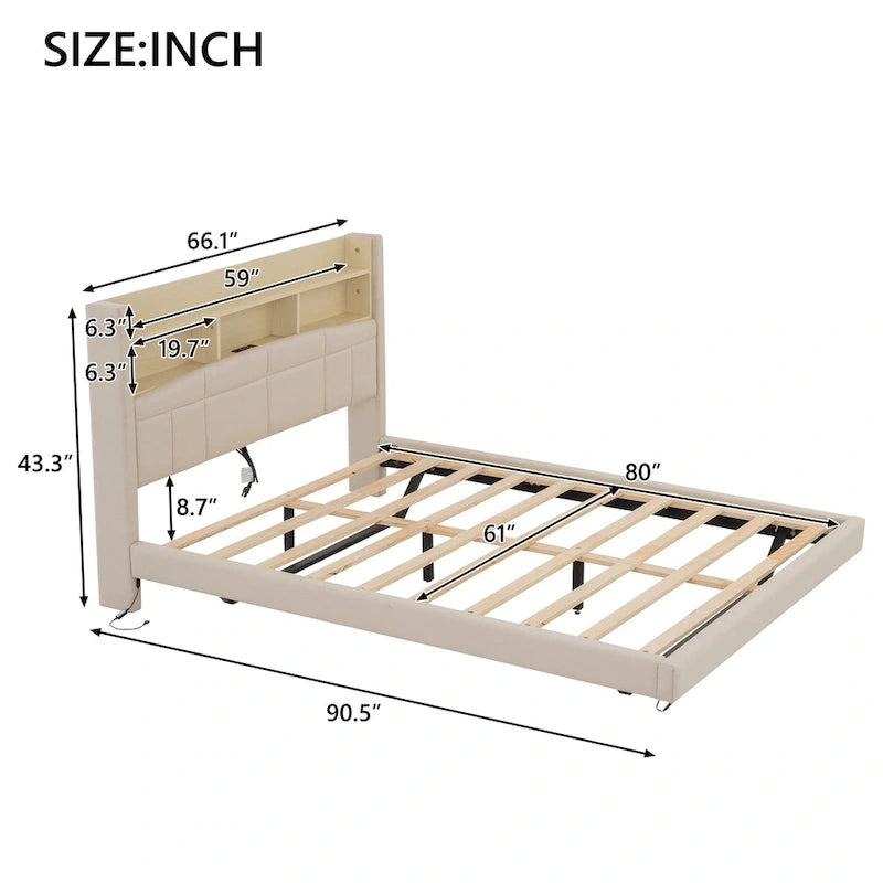 Upholstered Floating Bed with LED and Storage Headboard
