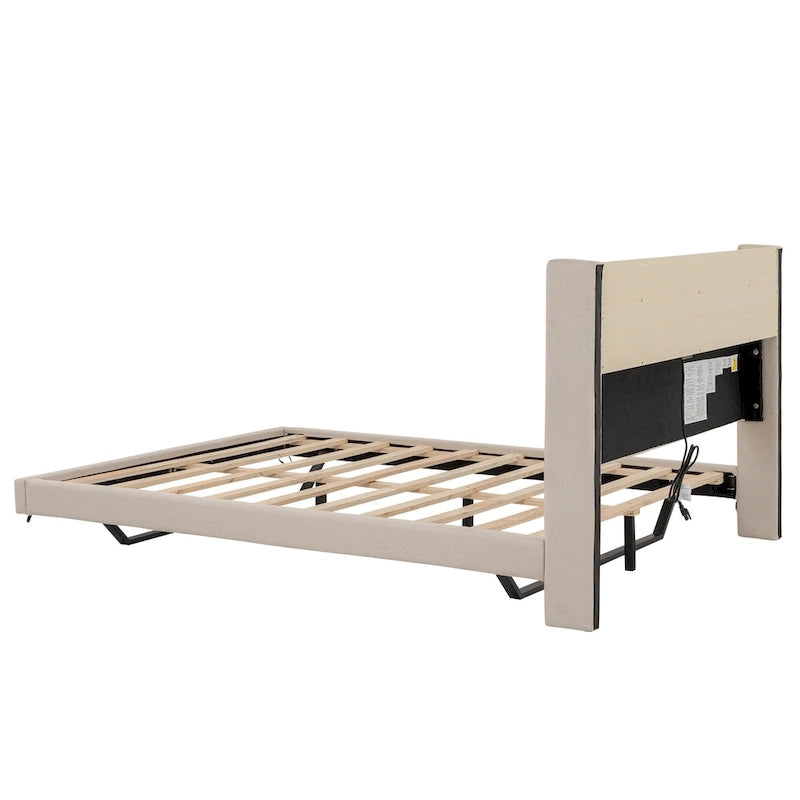 Upholstered Floating Bed with LED and Storage Headboard
