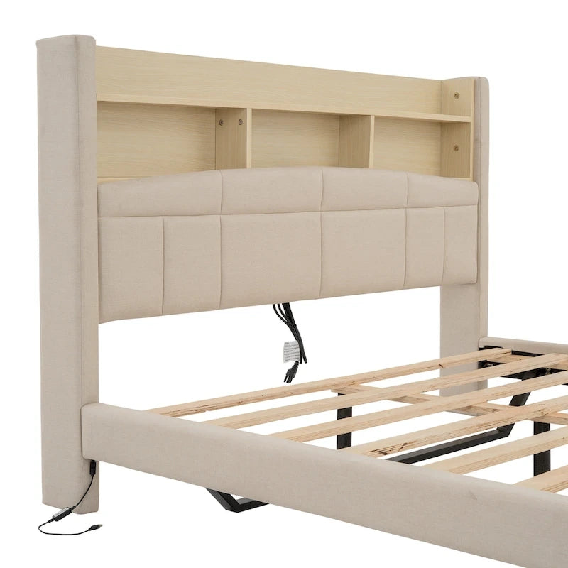 Upholstered Floating Bed with LED and Storage Headboard