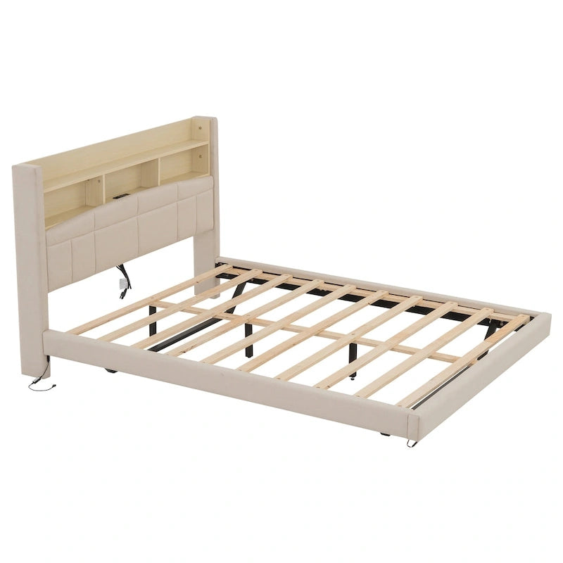Upholstered Floating Bed with LED and Storage Headboard
