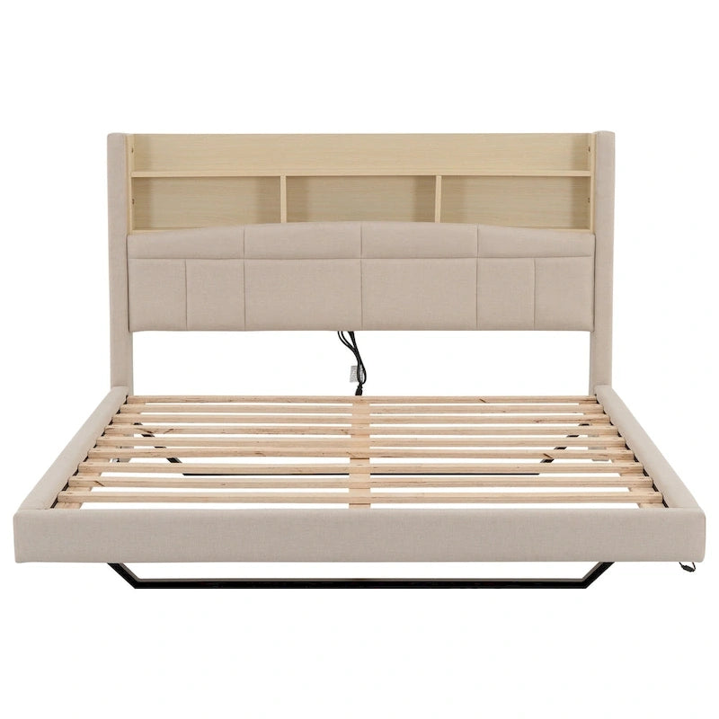 Upholstered Floating Bed with LED and Storage Headboard