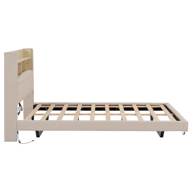 Upholstered Floating Bed with LED and Storage Headboard