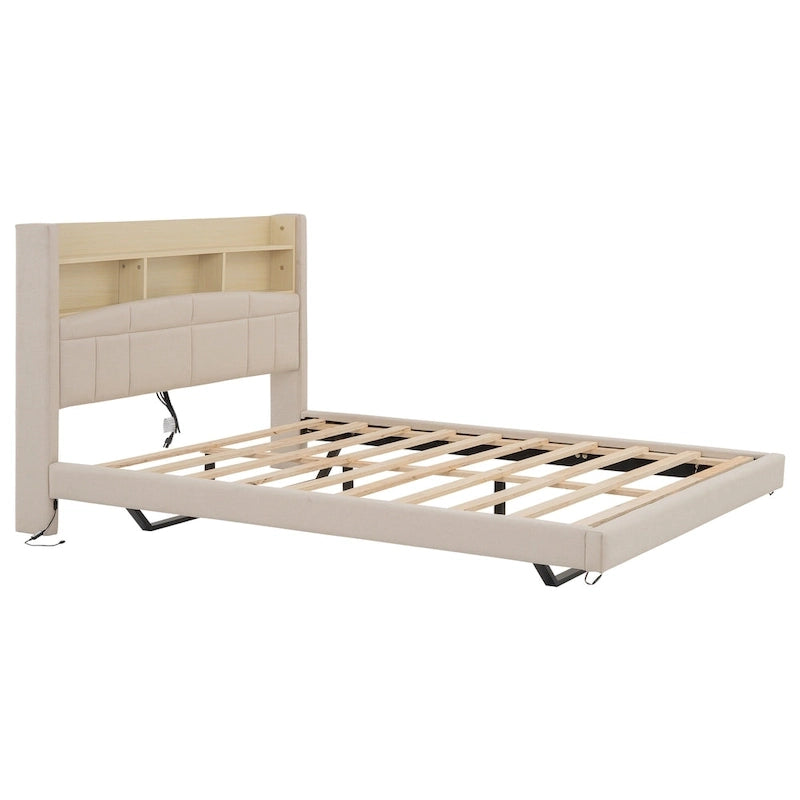 Upholstered Floating Bed with LED and Storage Headboard