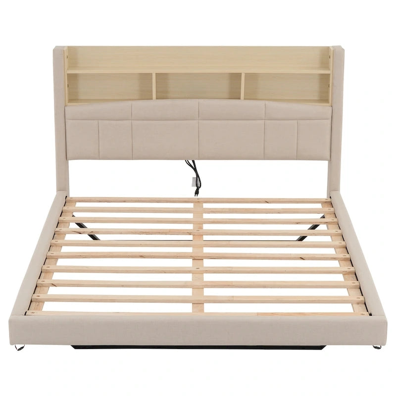 Upholstered Floating Bed with LED and Storage Headboard