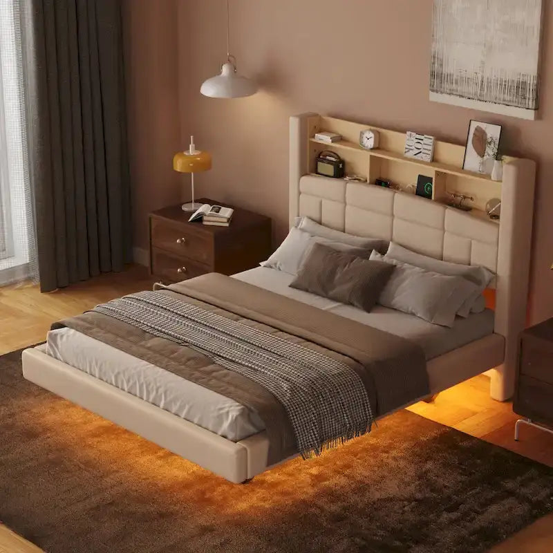 Upholstered Floating Bed with LED and Storage Headboard