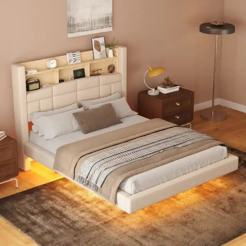 Upholstered Floating Bed with LED and Storage Headboard