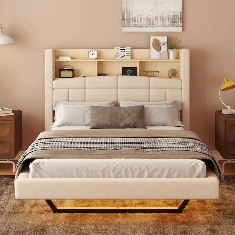 Upholstered Floating Bed with LED and Storage Headboard