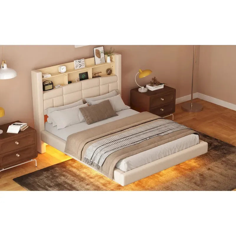 Upholstered Floating Bed with LED and Storage Headboard