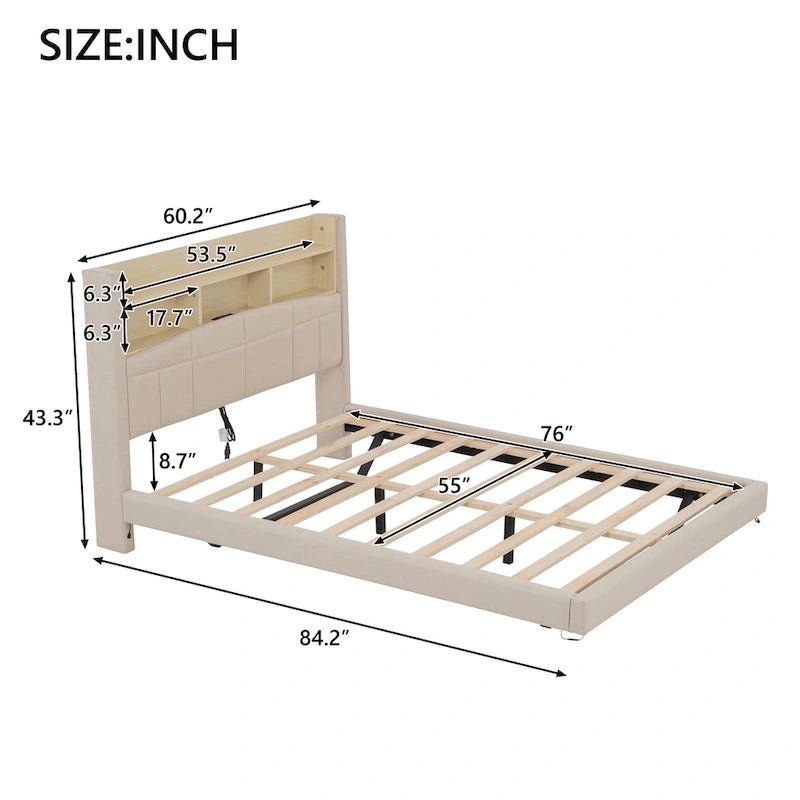 Upholstered Floating Bed with LED and Storage Headboard