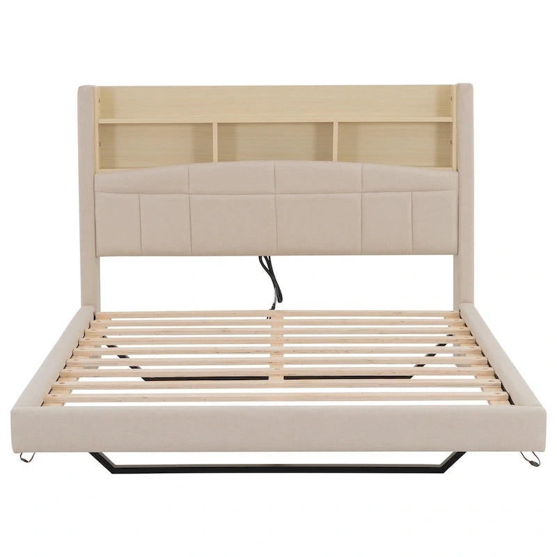 Upholstered Floating Bed with LED and Storage Headboard