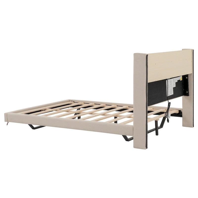 Upholstered Floating Bed with LED and Storage Headboard