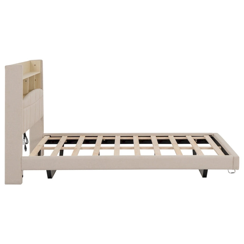 Upholstered Floating Bed with LED and Storage Headboard