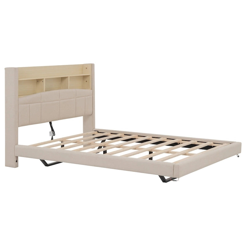 Upholstered Floating Bed with LED and Storage Headboard