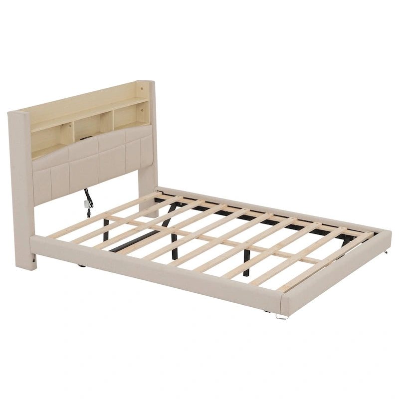 Upholstered Floating Bed with LED and Storage Headboard