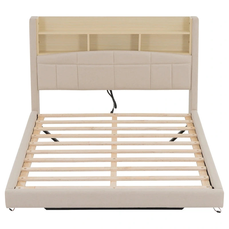 Upholstered Floating Bed with LED and Storage Headboard
