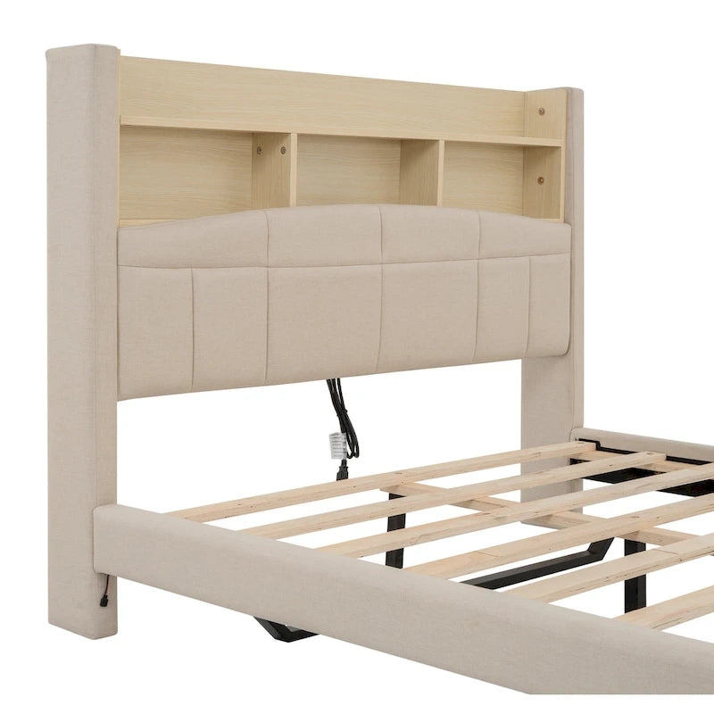 Upholstered Floating Bed with LED and Storage Headboard
