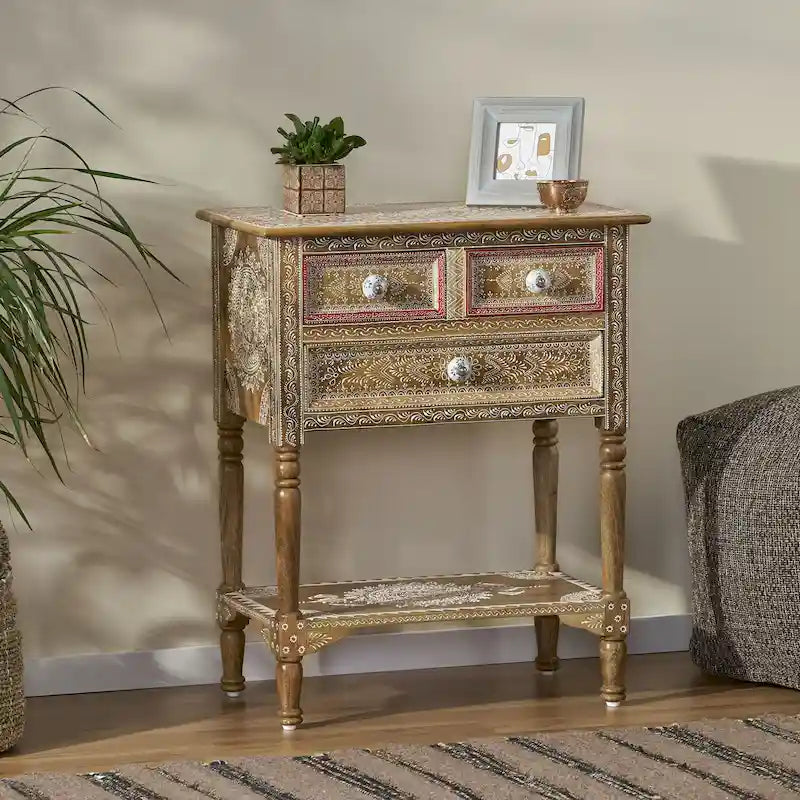 23.75 Modern Wooden End Table with Three Drawers and Open Bottom Shelf for Living Room or Bedroom