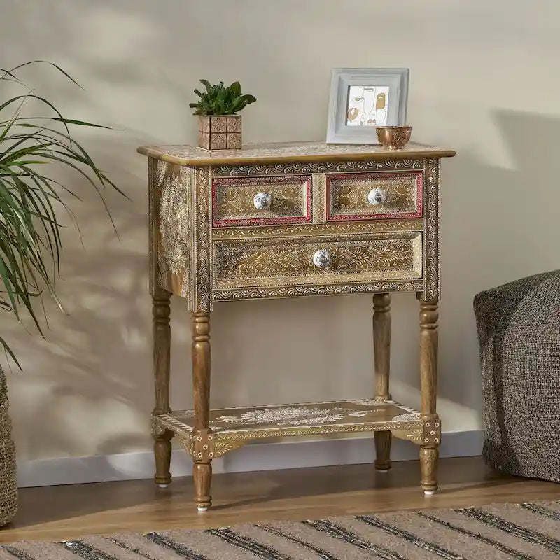 23.75 Modern Wooden End Table with Three Drawers and Open Bottom Shelf for Living Room or Bedroom