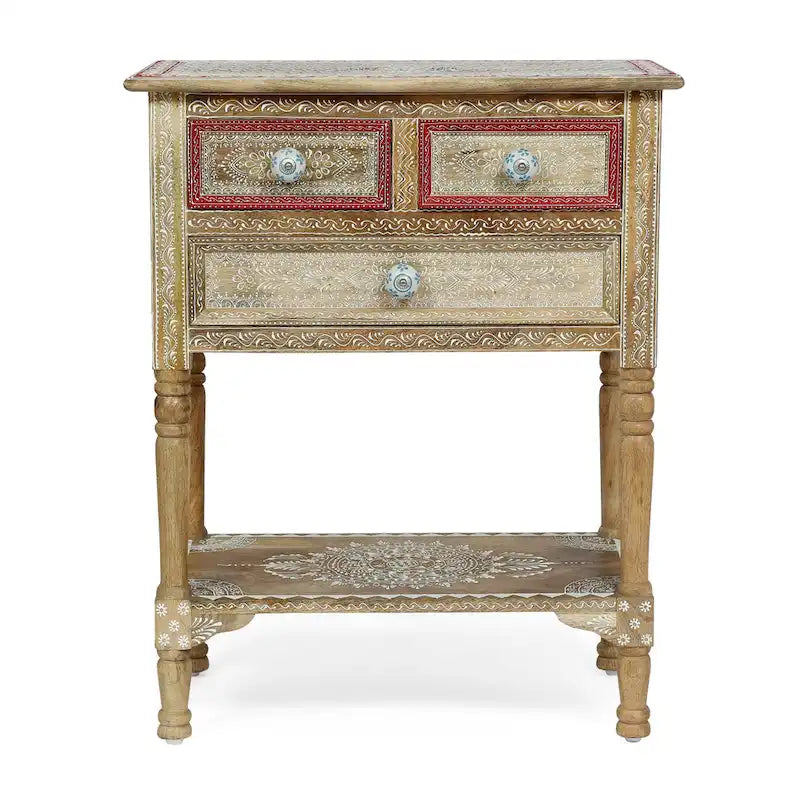 23.75 Modern Wooden End Table with Three Drawers and Open Bottom Shelf for Living Room or Bedroom