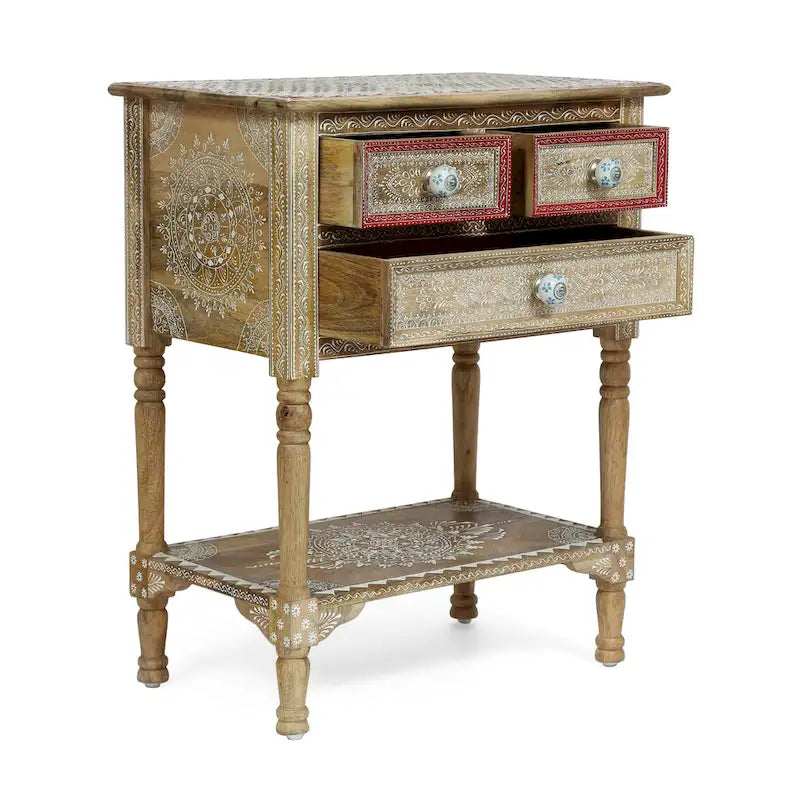 23.75 Modern Wooden End Table with Three Drawers and Open Bottom Shelf for Living Room or Bedroom