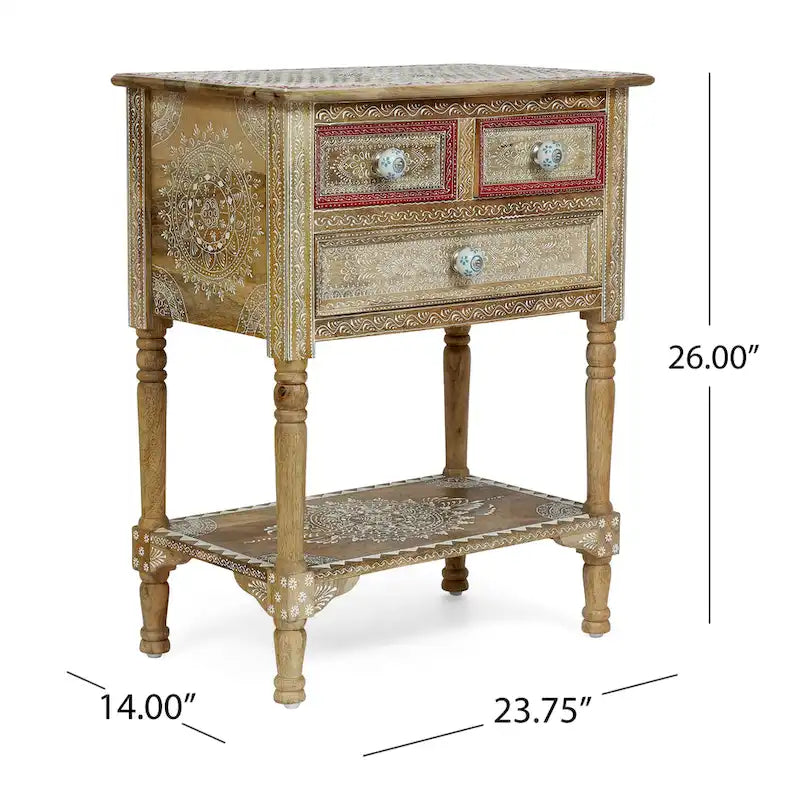 23.75 Modern Wooden End Table with Three Drawers and Open Bottom Shelf for Living Room or Bedroom