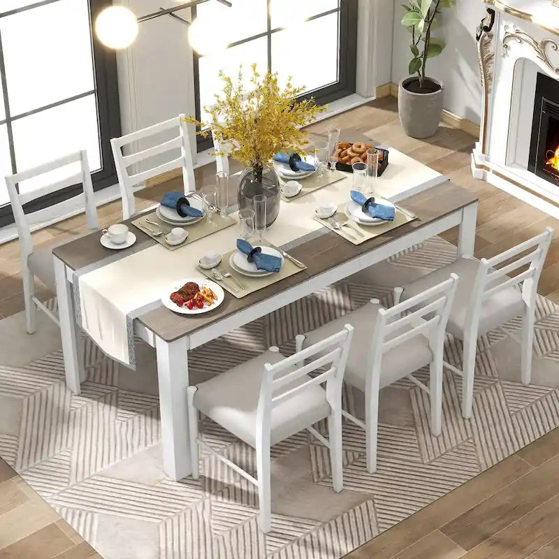 7-Piece Wooden Dining Table Set with 6 Chairs & Extendable Table