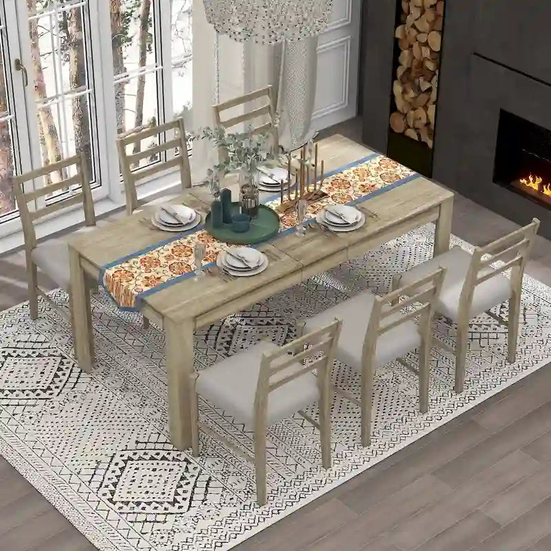 7-Piece Wooden Dining Table Set with 6 Chairs & Extendable Table