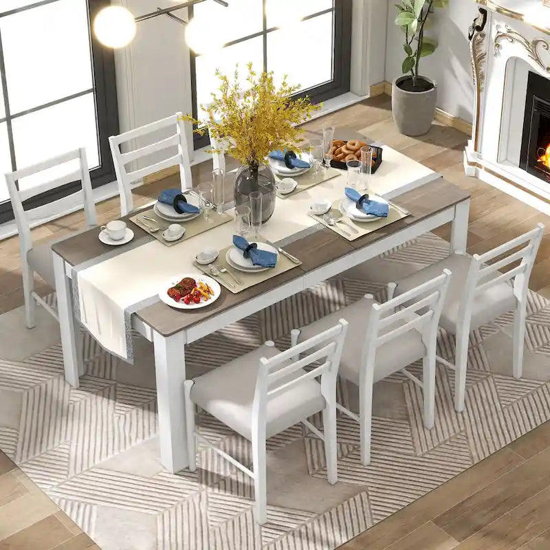 7-Piece Wooden Dining Table Set with 6 Chairs & Extendable Table