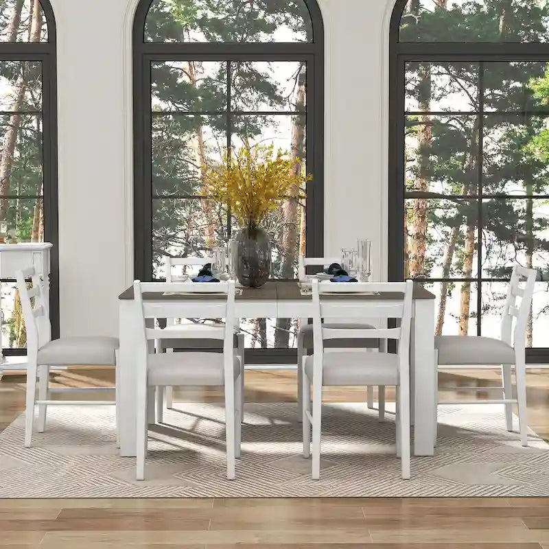 7-Piece Wooden Dining Table Set with 6 Chairs & Extendable Table