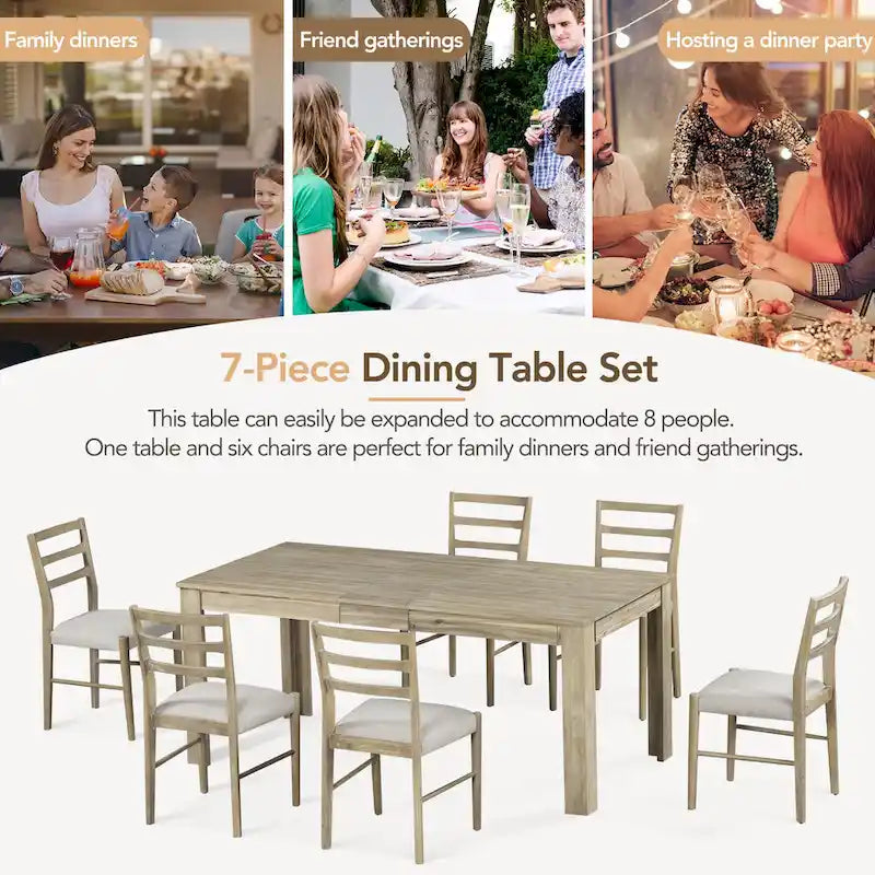 7-Piece Wooden Dining Table Set with 6 Chairs & Extendable Table