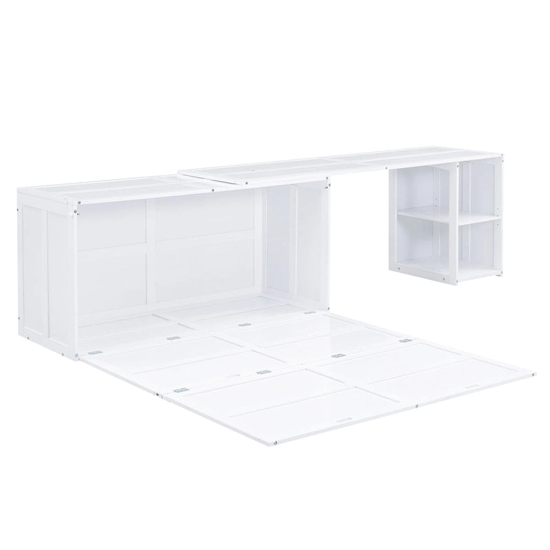 Queen Wooden Murphy Bed with Rotating Desk, Foldable Cabinet